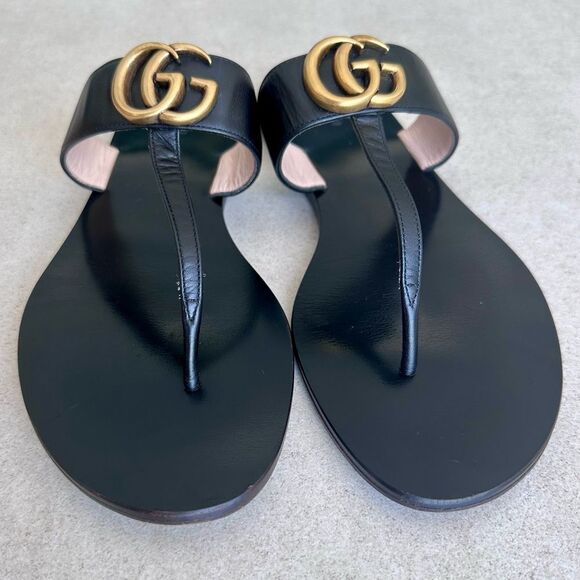 Gucci Marmont GG Thong Sandals EU 40 US 10 Black Leather Flat Flip Flips - Picture 4 of 10